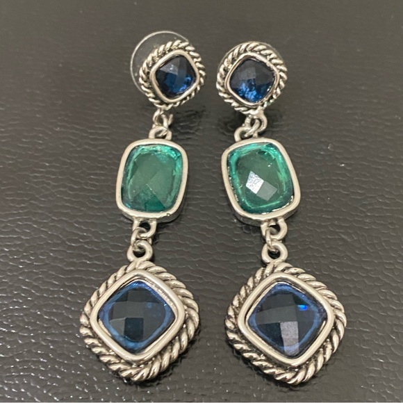 Unsigned Green & Blue Rhinestones Drop Dangle Earrings 11.5g - Picture 5 of 12